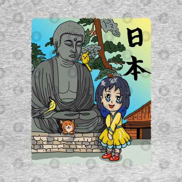 Cute cartoon girl and her cat visit the Great Buddha by cuisinecat